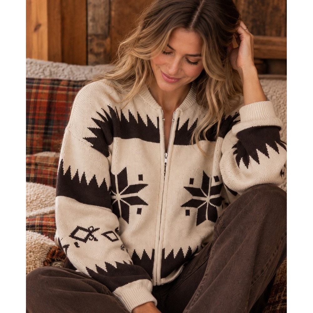 Grey Bandit Jackson Hole Zip Up Sweater Women's M Espresso Fair Isle